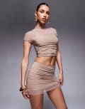 [Missyempire] Missy Empire mesh ruched side mini skirt in mocha (part of a set)-Brown 44 Mocha