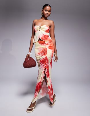 Missy Empire mesh ruched side ruffle split maxi skirt in yellow & pink flower print - part of a set-Multi