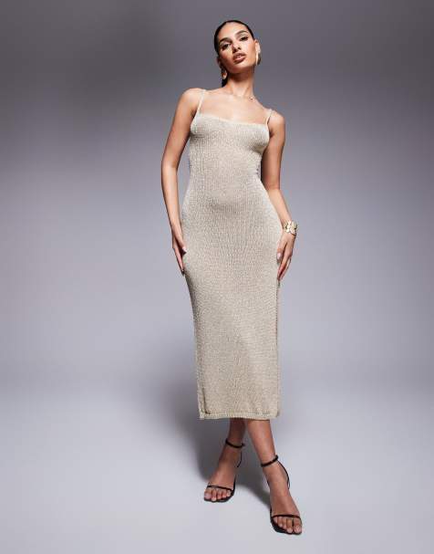 Missy Empire - Metallic gebreide midi jurk met veters aan de achterkant en zijsplit in goud - view 1