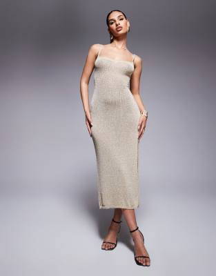 Missy Empire metallic knit lace up back side slit midi dress in gold