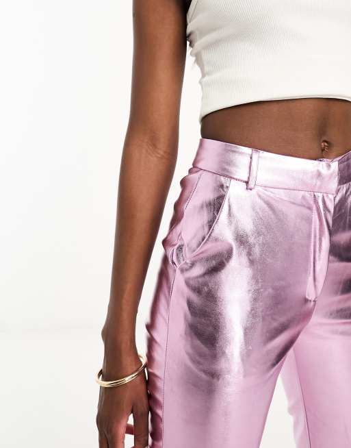 Missy Empire metallic straight leg pants in pink, 2 of 4