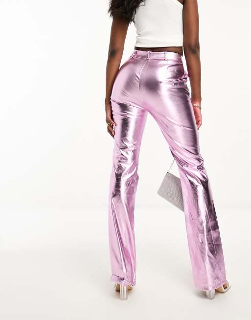 Missy Empire metallic straight leg pants in pink, 3 of 4