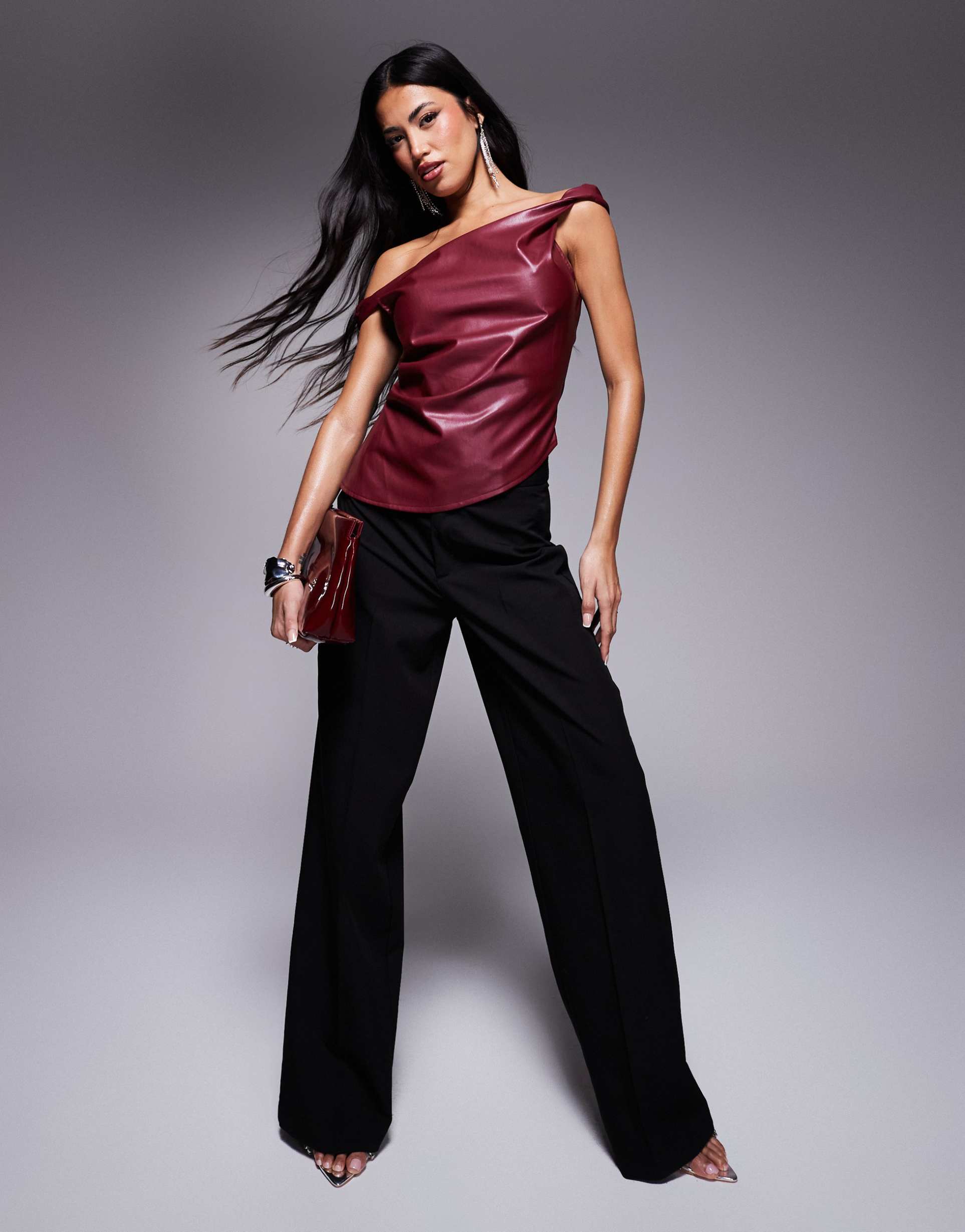 missy empire off shoulder twist leather look top in burgundy