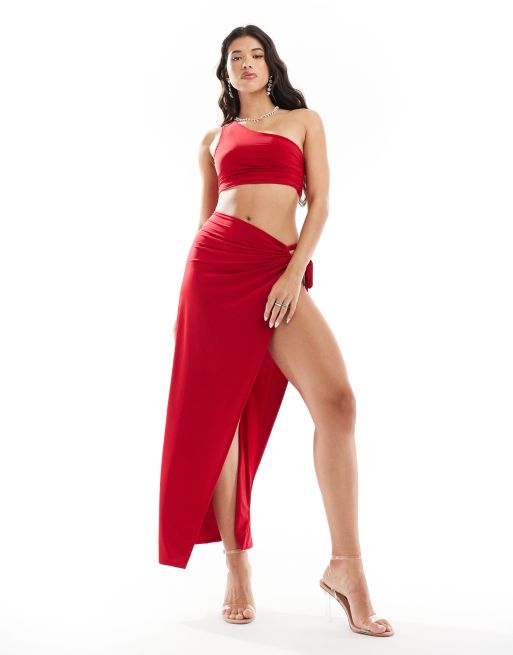 Missy Empire one shoulder ruched crop top and maxi skirt set in red