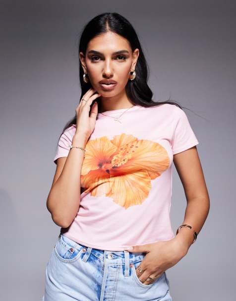 Missy Empire orange hibiscus flower print baby tee in baby pink - view 1