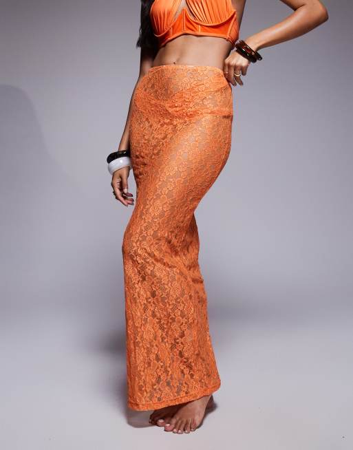Missy Empire – Orange maxikjol med hög midja och blommig spets, 4 av 5