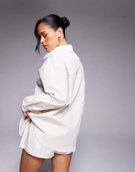 Missy Empire – Oversize-Hemdbluse aus Popeline in gestreiftem Neutral, Kombiteil, 4 von 4
