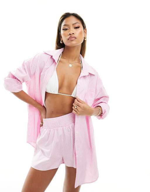 Missy Empire oversized poplin shirt in pink stripe (part of a set)