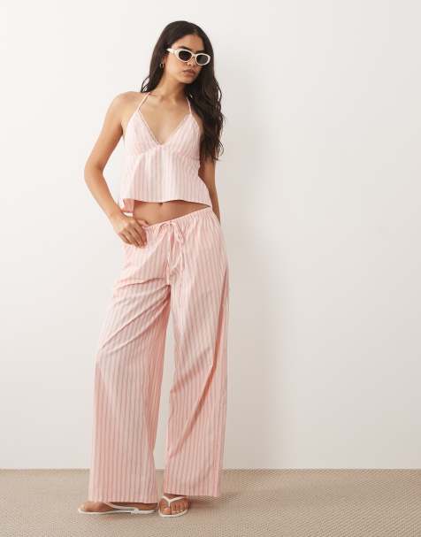 Missy Empire - Pantalon d'ensemble ample en coton mélangé rayé avec taille élastique - Rose - view 1