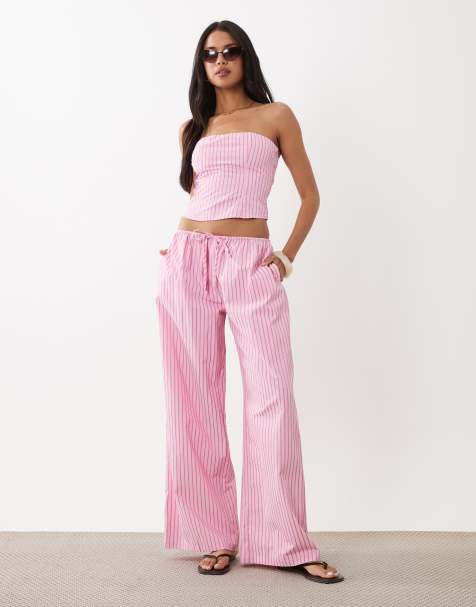 Missy Empire - Pantalon d'ensemble ample en popeline à rayures avec taille élastique - Rose - view 1