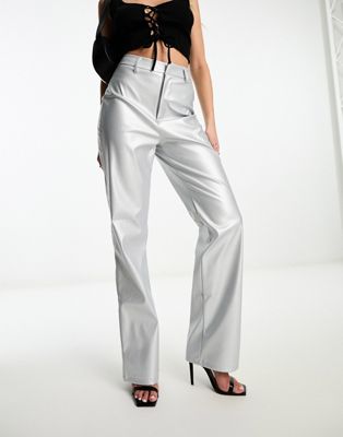 Missyempire leather look straight leg trousers in silver - ASOS Price Checker