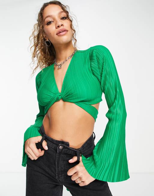 Missy Empire plisse crop wrap top in green (part of a set)