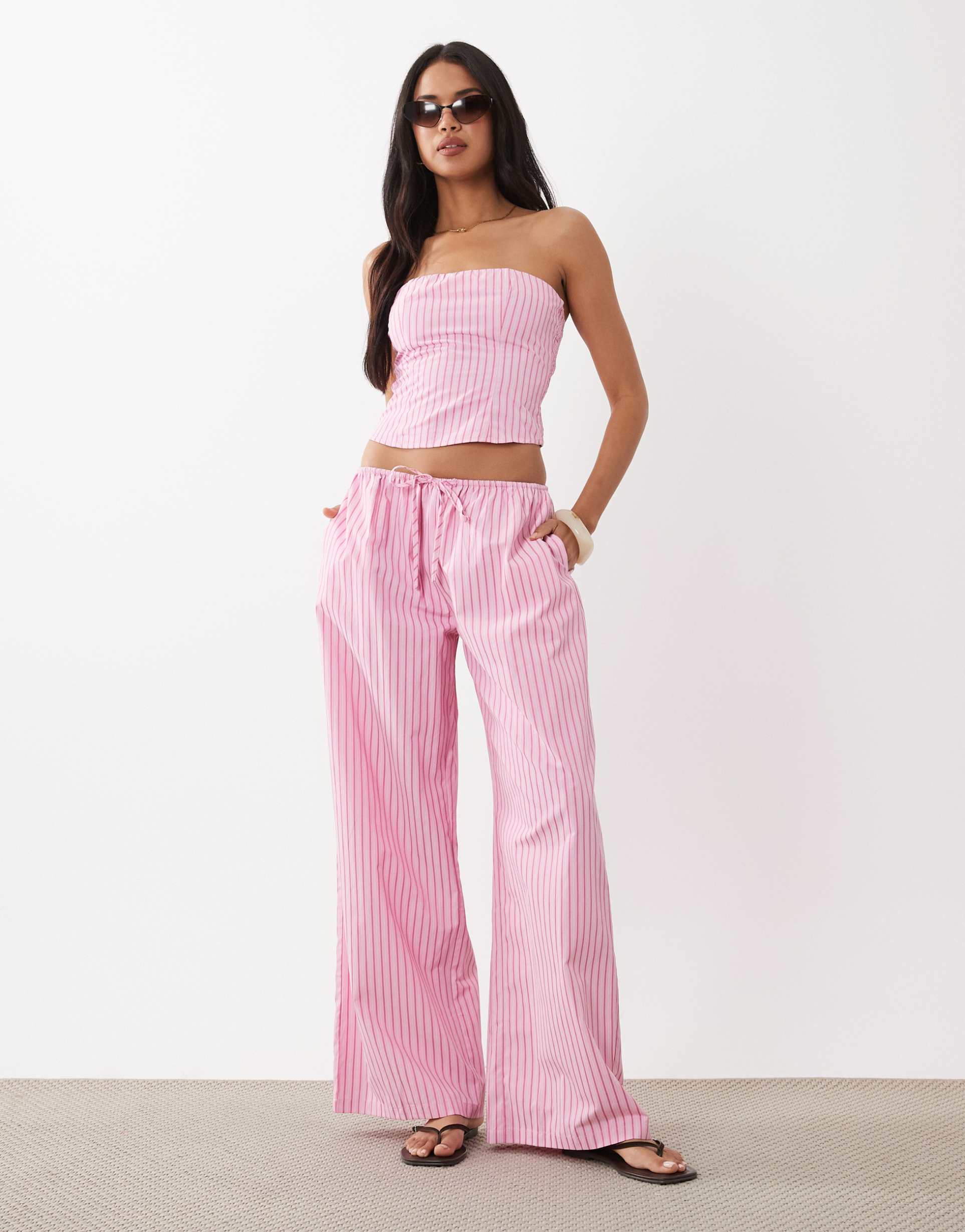 missy empire poplin elastic waist wide leg pants in pink striped print - part of a set