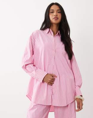 Missy Empire poplin oversized shirt in pink striped print - part