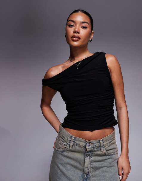 Missyempire double layered slinky off shoulder top in black 