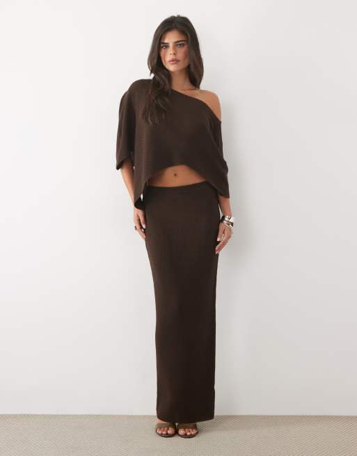 Missyempire ribbed knit asymmetric hem cape top and skirt set in chocolate, 3 of 3