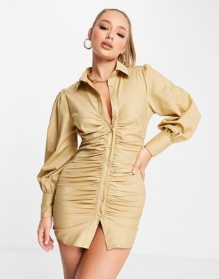 Missyempire ruching long sleeve shirt dress in camel - ASOS Price Checker
