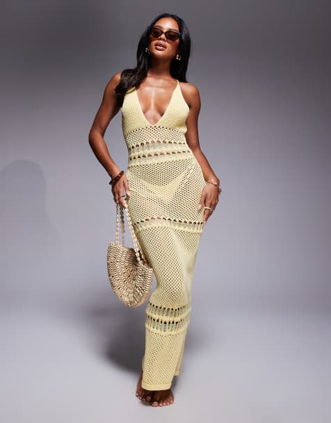 Missy Empire - Robe de plage longue en maille avec décolleté plongeant et lanières croisées nouées dans le dos - Jaune - view 1