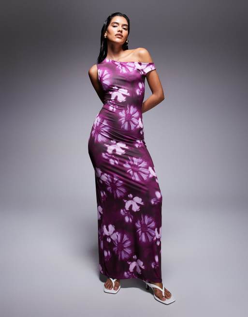 Missy Empire - Robe longue près du corps à épaules dénudées - Violet à imprimé fleurs