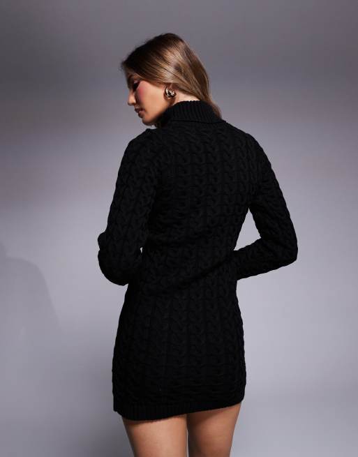Missy Empire roll neck cable knit mini jumper dress in black | ASOS