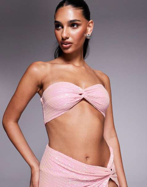 Missyempire sequin twist front bandeau bralet co-ord in pink