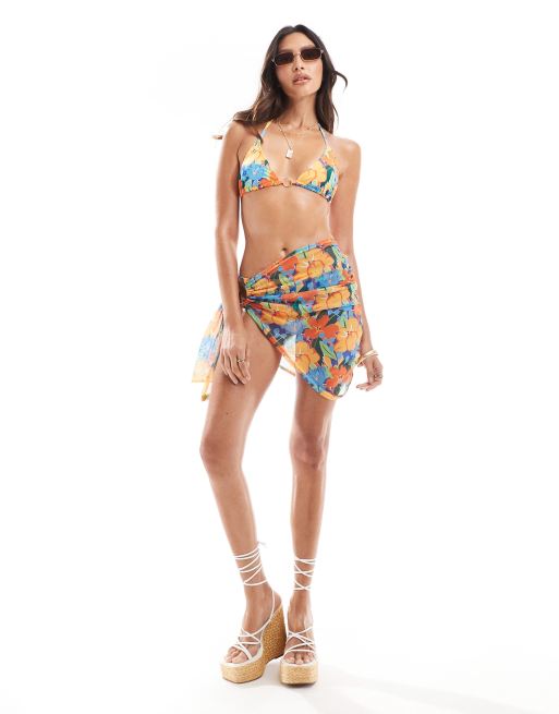 Missy Empire - Sarong med bindebånd i siden og orange blomstermønster og i mesh - Del af sæt - Kun hos ASOS
