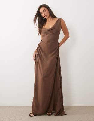 Missyempire Missy Empire Satin Asymmetric Shoulder Detail Drape Ruched Side Maxi Dress In Brown