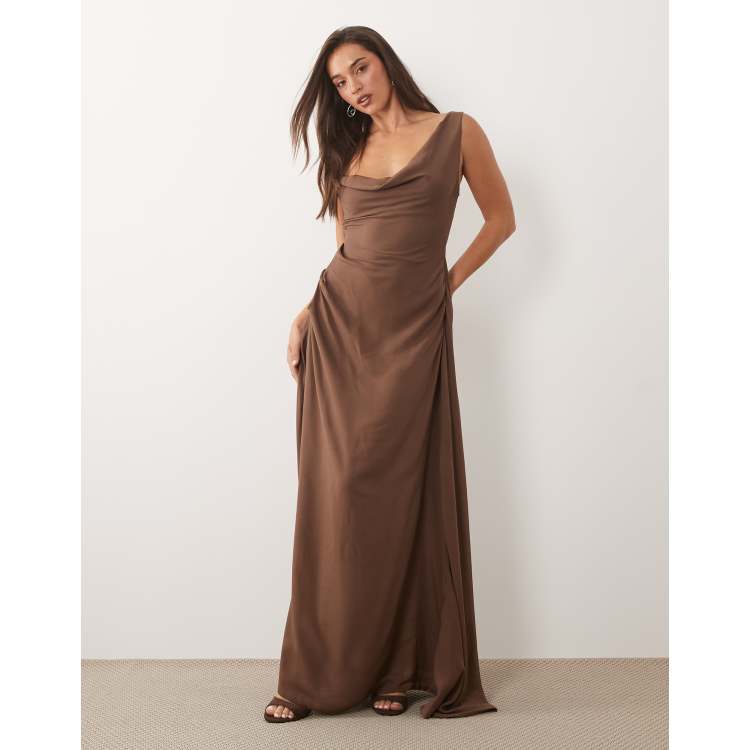 Missy Empire satin asymmetric shoulder detail drape ruched side maxi dress  in chocolate | ASOS