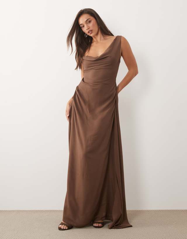 brown satin asymmetrical dress Missy Empire asymmetric shoulder detail drape ruched side maxi in chocolate Lamarque