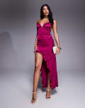 [Missyempire] Missy Empire satin cami open tie back ruffle side split maxi dress in dark pink-Purple 42 DARK PINK