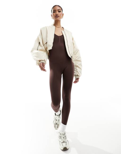 Missy Empire seamless long sleeve unitard in chocolate