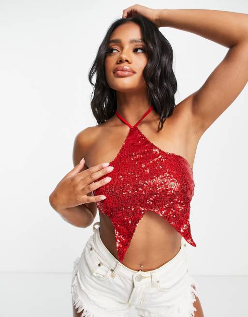 Red sequin halter store top