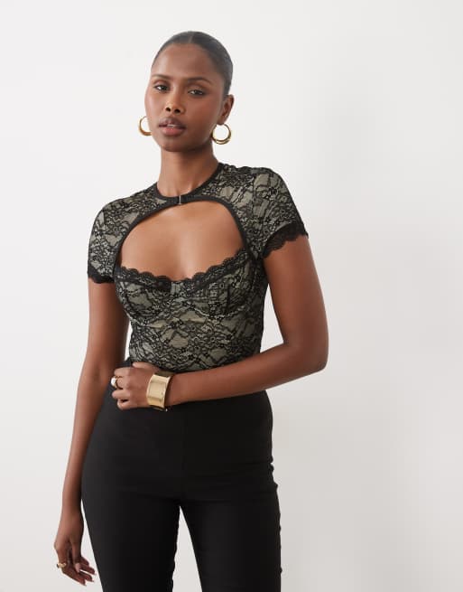 Missy Empire sheer lace high neck bodysuit in black, 2 of 4