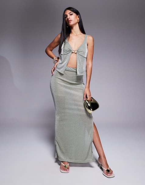 Missy Empire shimmer slinky side split maxi skirt in khaki - part of a set - view 1