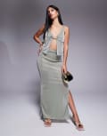 [Missyempire] Missy Empire shimmer slinky side split maxi skirt in khaki (part of a set)-Green 38 KHAKI