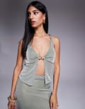 [Missyempire] Missy Empire shimmer slinky split front metal shell detail top in khaki (part of a set)-Green 36 KHAKI