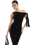[Missyempire] Missy Empire slinky asymmetric tie shoulder detail bodycon midi dress in black 46 BLACK