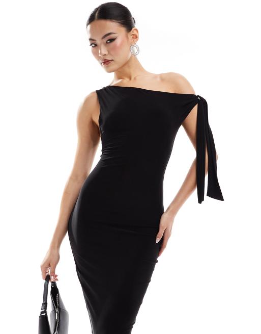 Missy Empire slinky asymmetric tie shoulder detail bodycon midi dress in black