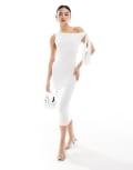 [Missyempire] Missy Empire slinky asymmetric tie shoulder detail bodycon midi dress in white 46 WHITE