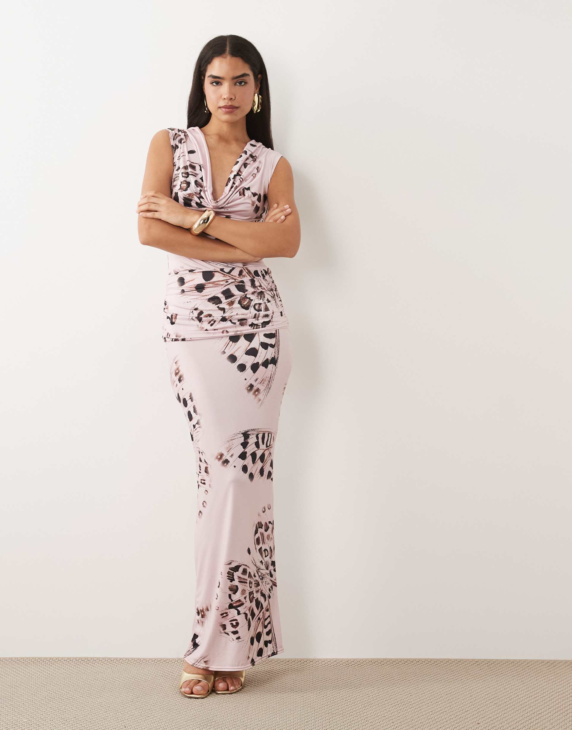 missy empire slinky cowl neck ruched detail maxi dress in pink butterfly print
