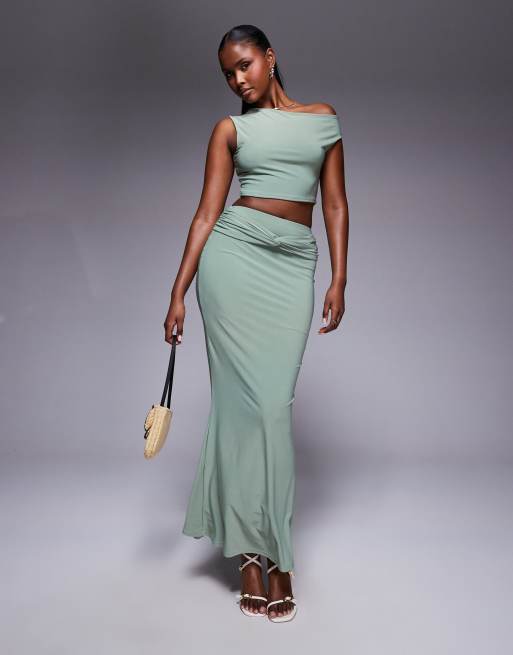 Missy Empire slinky knot front maxi skirt in sage (part of a set)