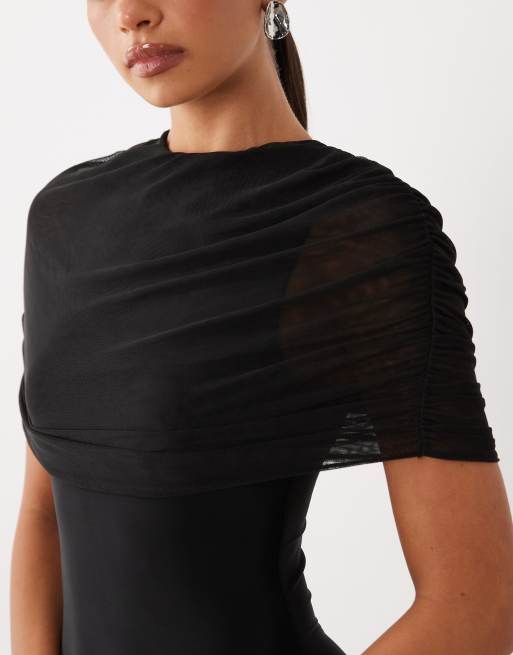 Missy Empire slinky mesh cape overlay playsuit in black, 3 of 4