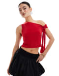 [Missyempire] Missy Empire slinky off shoulder tie detail top in red 40 RED