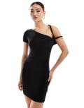 [Missyempire] Missy Empire slinky one sleeve twist strap bodycon mini dress in black 44 BLACK