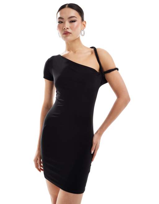Missy Empire slinky one sleeve twist strap bodycon mini dress in black