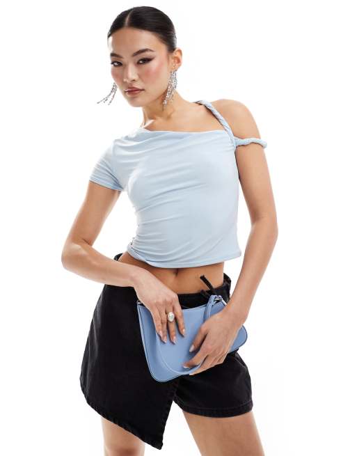 Missy Empire slinky one sleeve twist strap top in baby blue
