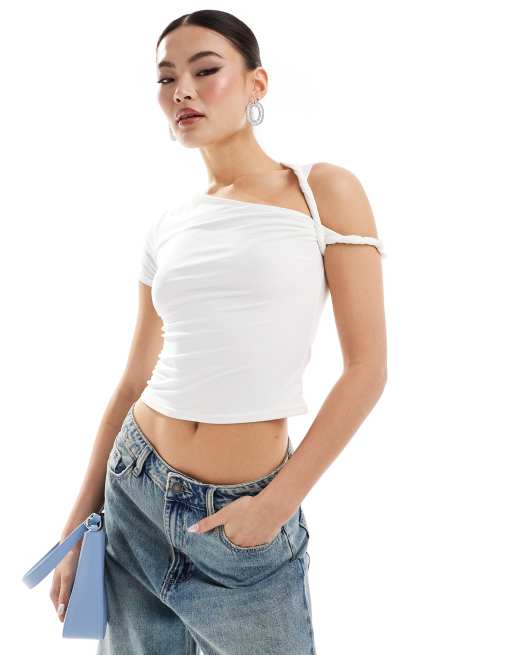 Missy Empire slinky one sleeve twist strap top in white