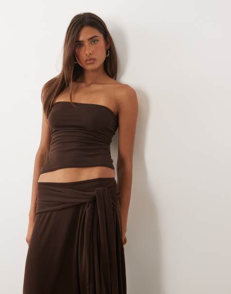 Missy Empire soft touch bandeau top in chocolate - part of a set - view 1
