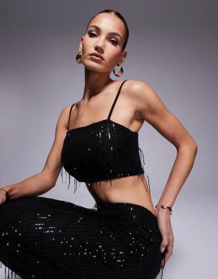 Missy Empire square neck crop top in black tassel sequin - part of a set