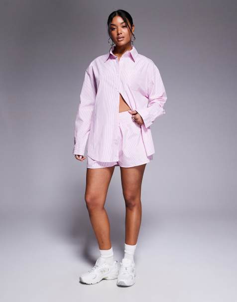 Missy Empire - Sæt med oversized skjorte og shorts med lyserøde striber i poplin - view 1